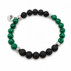 Pulsera Musgo con cuentas verdes de malaquita sintética, piedra de lava negra y detalles plateados
