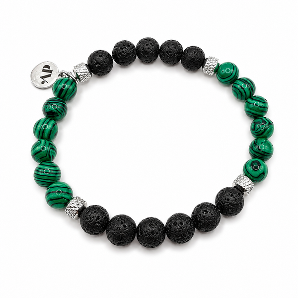 Pulsera Musgo con cuentas verdes de malaquita sintética, piedra de lava negra y detalles plateados