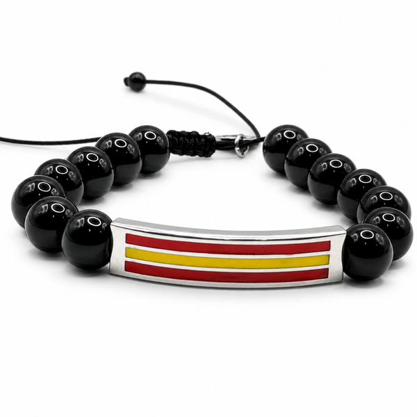 Pulsera de ónix negro brillante con cordón ajustable y placa con los colores de la bandera de España