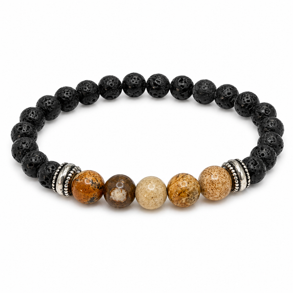 Pulsera Terra con piedra de lava negra, cuentas en tonos tierra y detalles de acero inoxidable