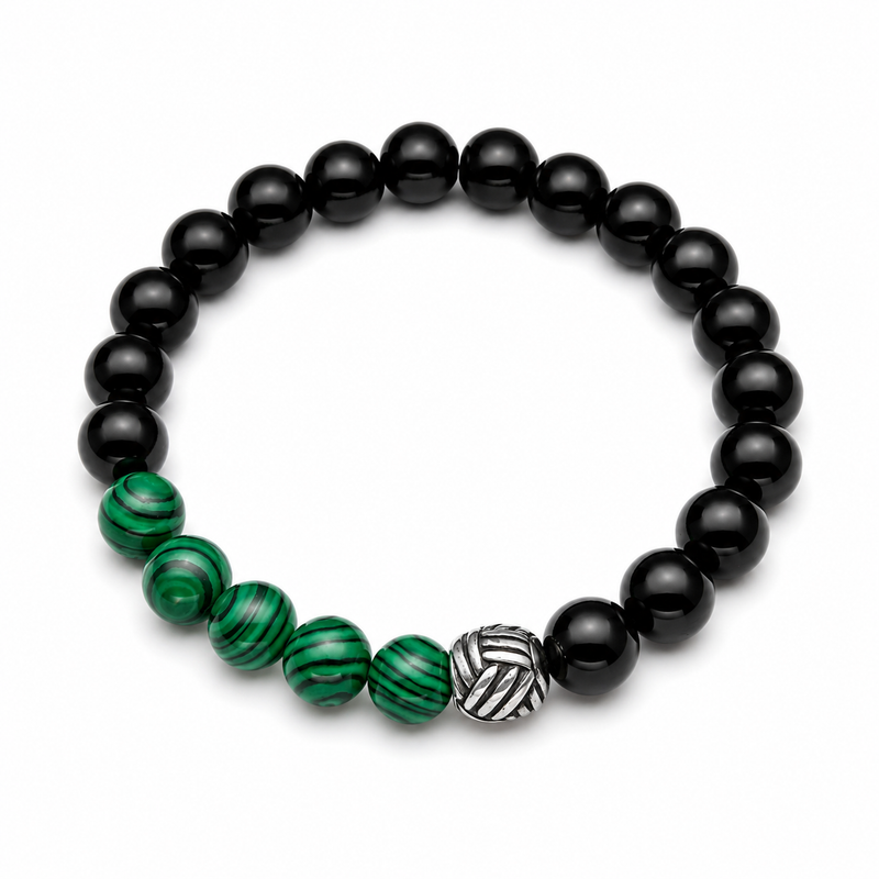 Pulsera Venom con cuentas de ónix negro, malaquita sintética verde y pieza central de acero inoxidable