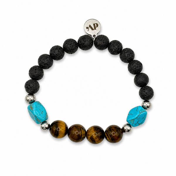 Pulsera Oasis con cuentas de lava negra, ojo de tigre marrón, turquesa azul y detalles plateados